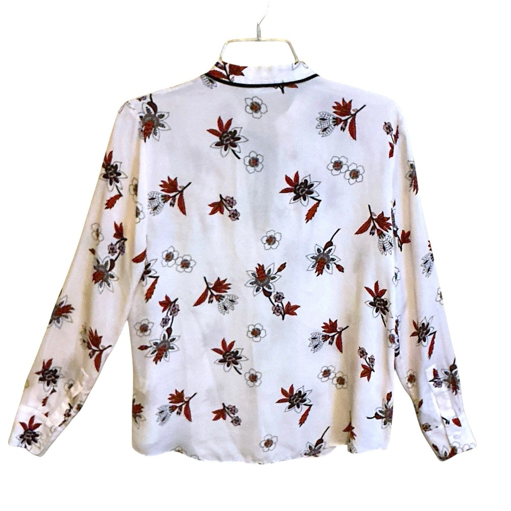 A.L.C. 100% Silk Floral Blouse Size 4 Cream Tie Neck Mandarin Collar Top - Picture 3 of 8